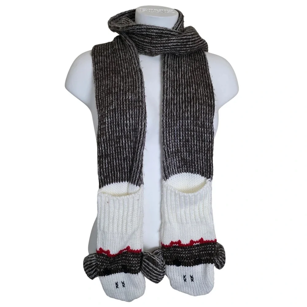 Knit Sock Monkey Scarf‎ with Hand Pockets Kitchy Whimsical Novelty Festive Retro